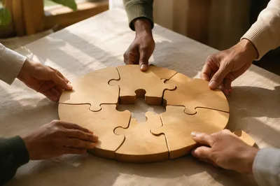 Hands Joining Wooden Puzzle Pieces in Unity