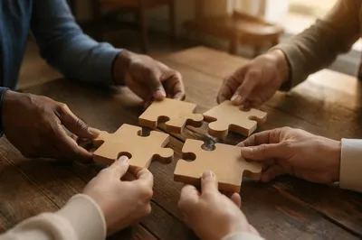 Hands Joining Wooden Puzzle Pieces in Unity