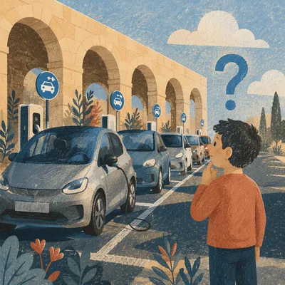Large Blue Question Mark at EV Charging Arcade
