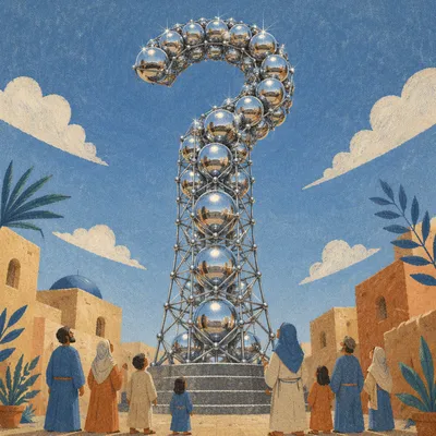 Monumental Chrome Question Mark Under Open Sky