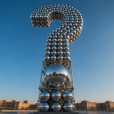 Monumental Chrome Question Mark Under Open Sky