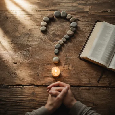 Prayerful Question Mark on Wooden Table