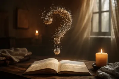 Glowing Question Mark Over Prayer Notebook