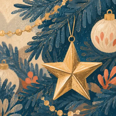 Shiny Gold Star Ornament Among Evergreens