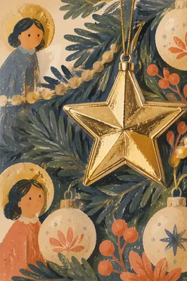 Shiny Gold Star Ornament Among Evergreens
