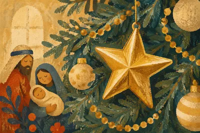 Shiny Gold Star Ornament on Evergreen