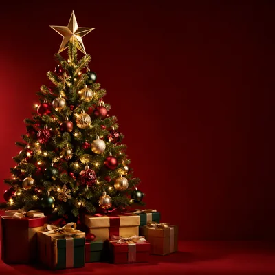 Golden Star Christmas Tree with Crimson Space