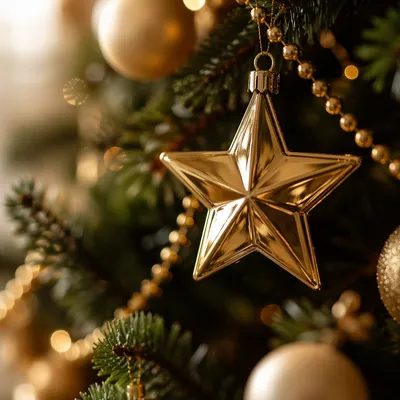 Shiny Gold Star Ornament Among Evergreens