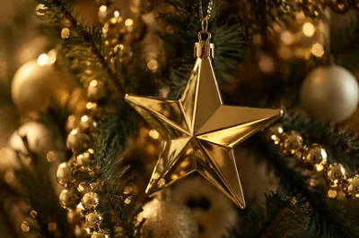 Shiny Gold Star Ornament in Evergreens