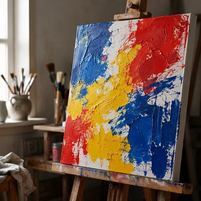 Bold Primary Brushstrokes on Canvas Easel
