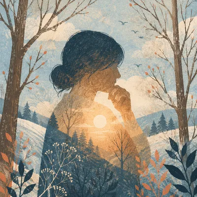 Contemplative Double Exposure Winter Woodland Portrait