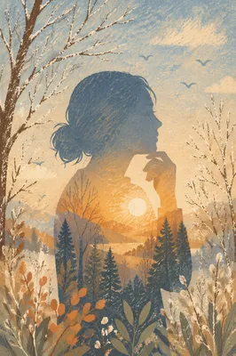 Contemplative Double Exposure Winter Woodland Portrait