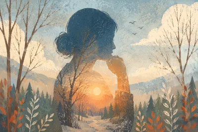 Contemplative Double Exposure Winter Woodland Portrait