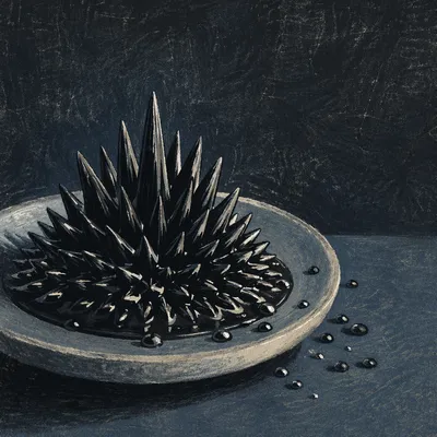 Spiky Ferrofluid Sculpture on Dark Ceramic