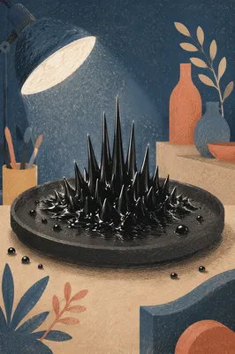 Black Ferrofluid Spiky Magnetic Sculpture Macro