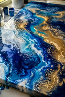 Blue Gold Fluid Acrylic Swirl Closeup