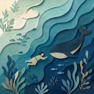 Layered Translucent Paper Waves in Ocean Tones