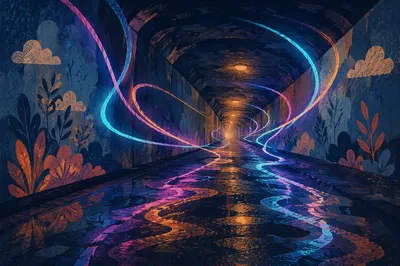 Colorful Light Painting in Rainy Underpass