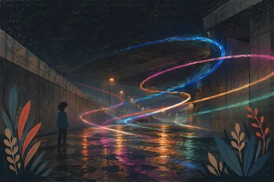Colorful Light Trails in Rainy Underpass