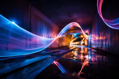 Colorful Light Painting in Rainy Underpass