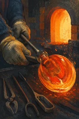 Molten Glass Blowing in Fiery Studio Light