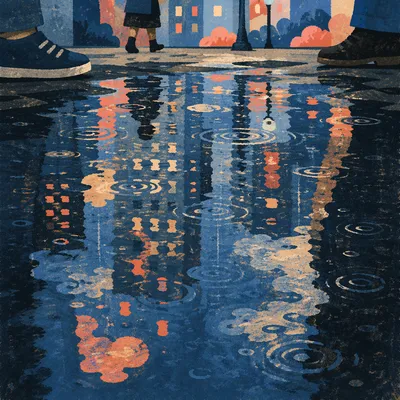 Abstract Urban Puddle Reflections at Blue Hour
