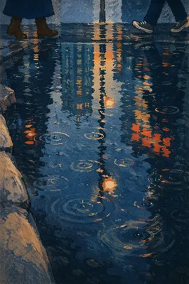 Blue Hour Urban Puddle Reflections