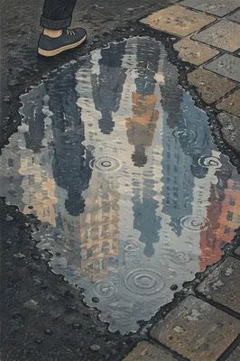 Distorted Urban Reflections in Rain Puddle