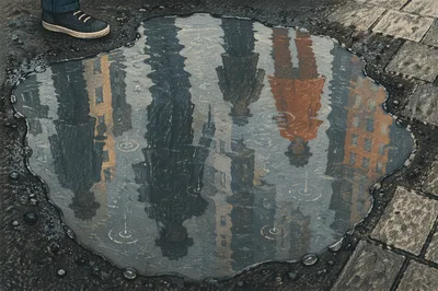Abstract Urban Puddle Reflections After Rain