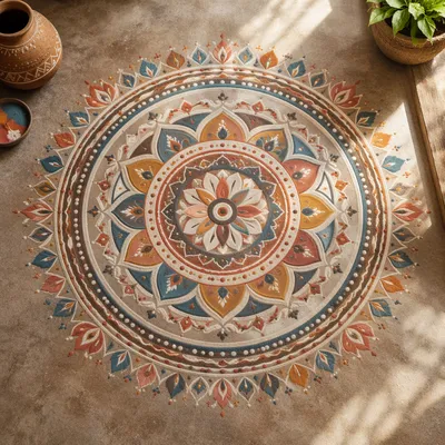 Symmetric Sand Art Mandala on Stone