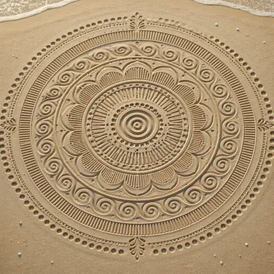 Symmetrical Sand Mandala on Beach Shore