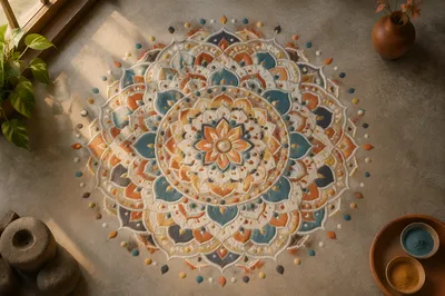 Intricate Sand Art Mandala on Stone