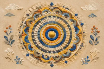 Symmetrical Sand Mandala on Beach Surface