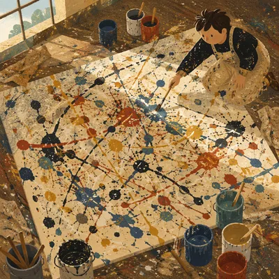Overhead Drip Painting Studio Canvas Scene