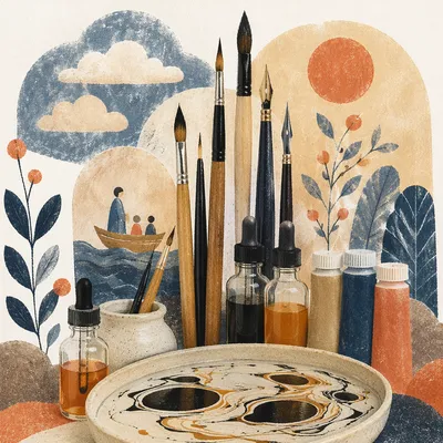 Traditional Suminagashi Marbling Tools Still Life