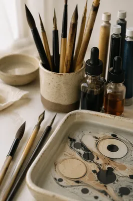 Traditional Suminagashi Tools on White Background