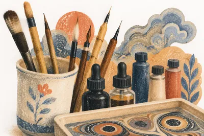 Traditional Suminagashi Marbling Tools Still Life