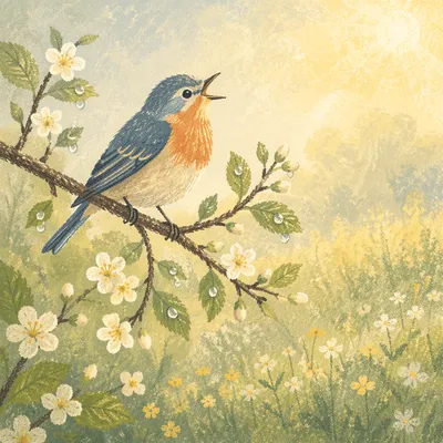 Singing Songbird on Spring Blossom Branch