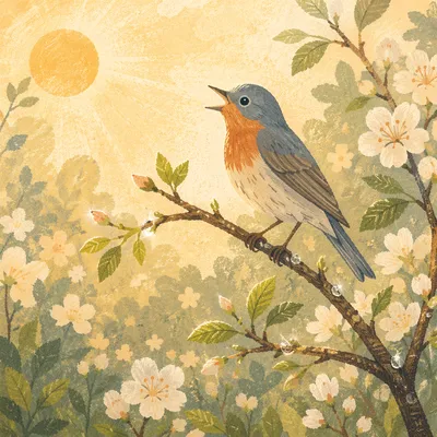 Singing Songbird on Spring Blossom Branch