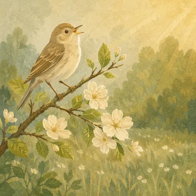 Singing Songbird on Blossoming Spring Branch