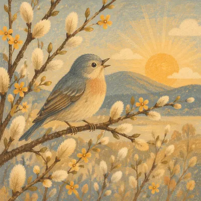 Singing Songbird on Spring Willow Branch