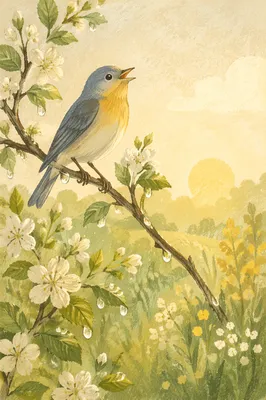 Singing Songbird on Spring Blossom Branch