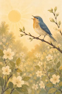 Singing Songbird on Spring Blossom Branch