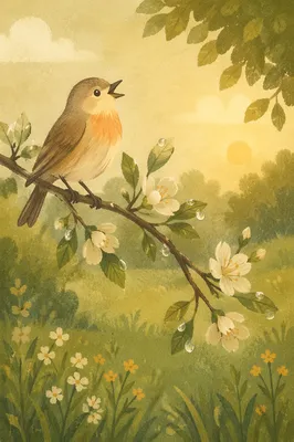 Singing Songbird on Spring Blossom Branch