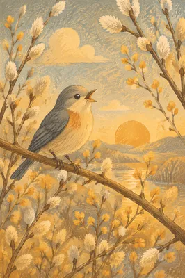 Singing Songbird on Spring Willow Branch