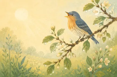 Singing Songbird on Spring Blossom Branch