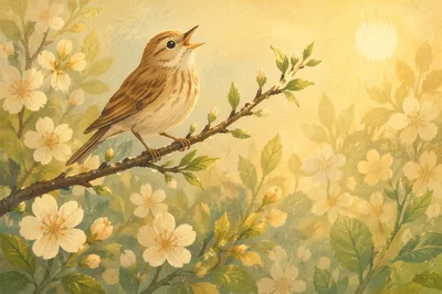 Singing Songbird on Spring Blossom Branch