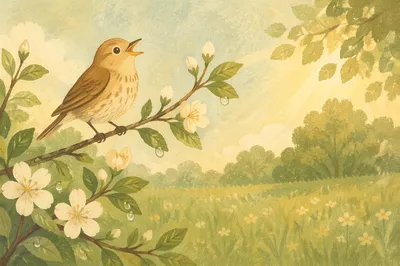 Singing Songbird on Blossom Branch