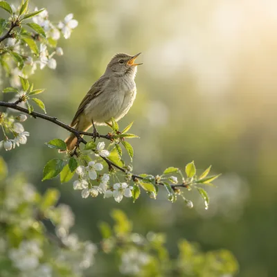 Singing Songbird on Spring Blossom Branch