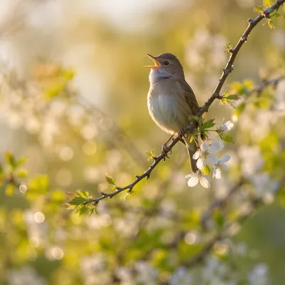 Singing Songbird on Spring Blossom Branch